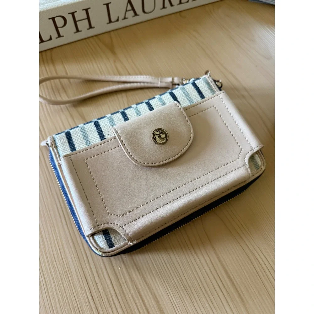Spartina 449 Blue Cream Linen Leather Wristlet Wallet Zip Around Organizer